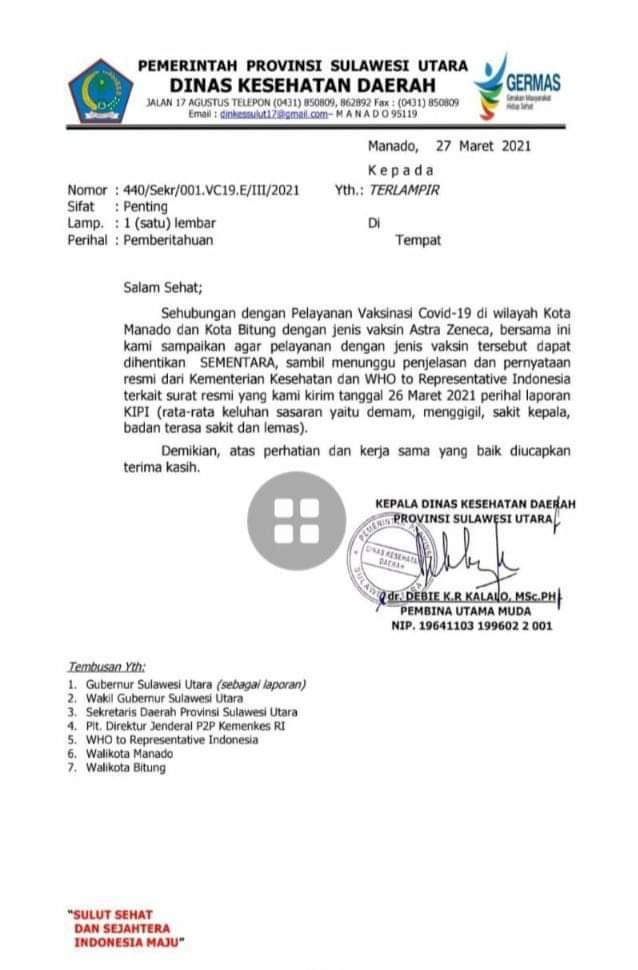 Dinkes Sulut Hentikan Penyuntikan Pakai Vaksin AstraZeneca